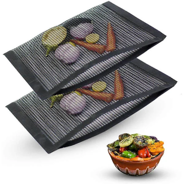 PIAO Store Grillposer med Stor Maske (2 Pakke) BBQ Udendørs Grilning Genanvendelig, Varmebestandig, Holdbar og Non-Stick Mesh Grillpose Måtter - 100% 