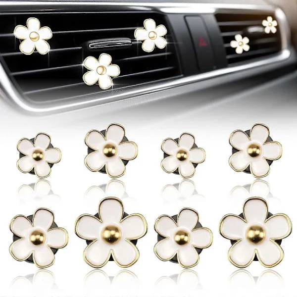 Daisy Air Vent Decorative Clips - 8 Pieces Cute Air Freshener Vent Clips, Car Decorations (White)