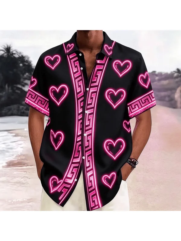 AliExpress - Herren Neon-Rosa Hemd mit Herz- und Griechischer-Schlüsselmuster, Schwarzes Freizeithemd mit Kurzen Ärmeln für den Sommer
