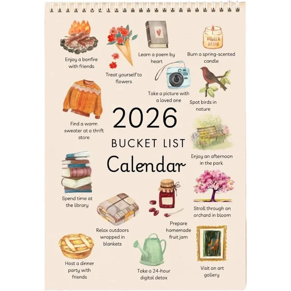 2026 Bucket List-kalender, kunst akvarell månedskalender, skrivebord tidsminnekort