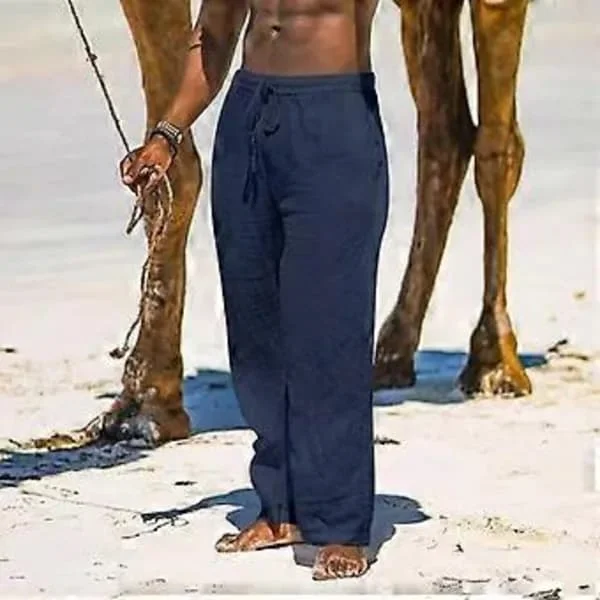 Men's Summer Breathable Linen Pants Lightweight Yoga Beach Cotton Linen Solid Color Trousers Loose Casual (XXXXL Navy Blue)