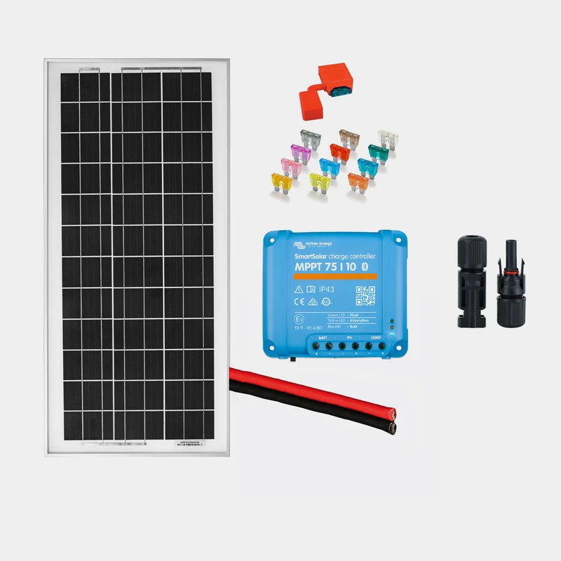Solcellspaket för fast installation Juni Solar Junction Box, 25 W, monokristallin, hård, 12 V, med aluminiumram, 641 x 296 x 25 mm, med MPPT-regulator