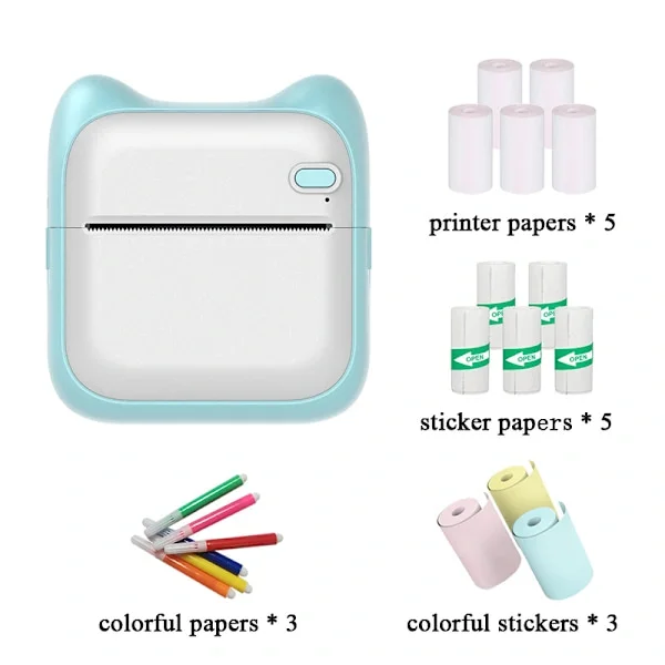 Bluetooth termisk printer blå (5 ruller printpapir, 5 ruller selvklæbende papir, 3 ruller farvet papir, 6 farvede P