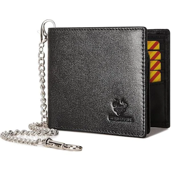 Men's Wallet with Chain, Genuine Leather Wallet, RFID Blocking Bifold Wallet with ID Window and Card Slots, Black
