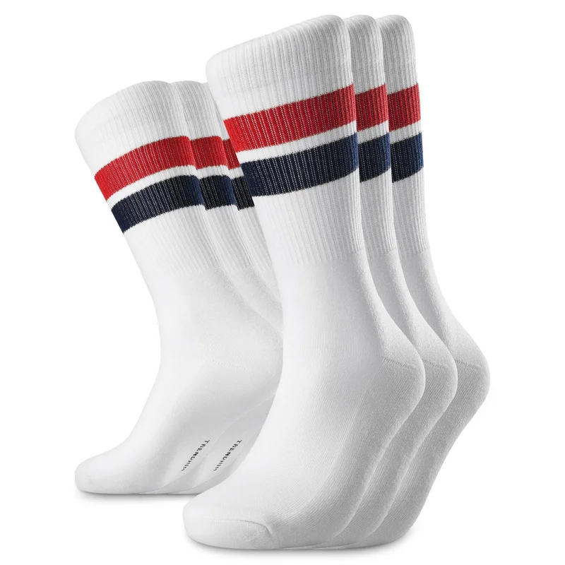 TrueFeel | 3-Pack White Cotton Tennis Socks with Red & Blue Stripes for Men - Crew Socks