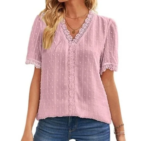 [RM] Blondebluse for kvinner V-hals - Kortermet sommerfritid Blonde Jacquard Tunika Rosa Bluse Rosa