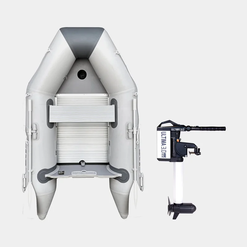 Gummibåt / gummijolle med elmotor RUBB 230 Pro, aluminiumdurk, grå + Haswing Ultima Travel, 3.0 hk, 1030 W, 54 cm rigglängd, med integrerat batteri (3