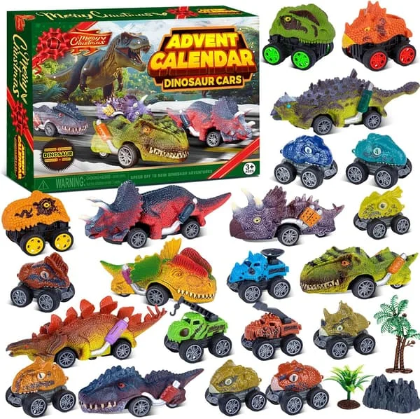 2025 Adventskalender Dinosauriebilar Adventskalender för Pojkar Barn, 24 Dagar Monstertruck Jul Nedräkningskalender Dra Tillbaka Bilar Set för Pojkar