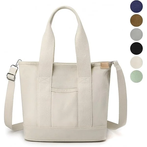 [RM](White) Canvas Tote Bag for Women, Small Tote Bag with Zipper Canvas Crossbody Bag All Tote Bag with Compartments
