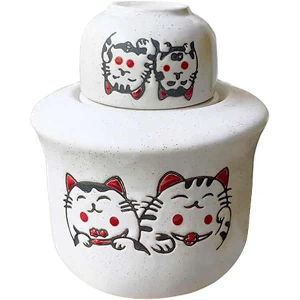 3 i 1 Keramisk Lyckokatt Sake Set, 1 Tokkuri-flaska och Ochoko-kopp, 1 Vinvärmare -