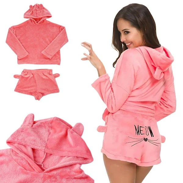 Pyjamas dam 2-delar bomull långärmad tröja + shorts rosa XL