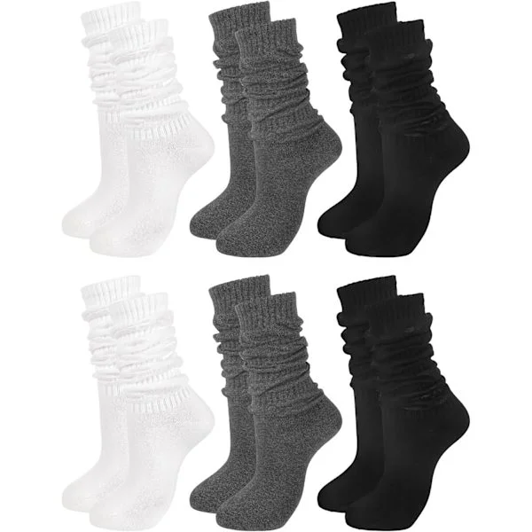 6 par dame-slouch-sokker lange, slouchy, scrunch, lårhøye, støvelstrikkede, stablede knesokker i klassiske farger, én størrelse