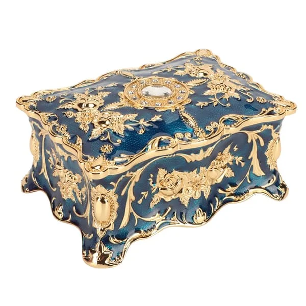 Vintage Jewelry Box European Style Exquisite Velvet Lining Zinc Alloy Ornament Organizer for Anniversary Gold Blue
