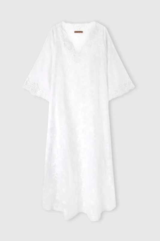Ermanno Scervino Kaftano in voile di puro cotone con ricamo floreale all over, Bianco