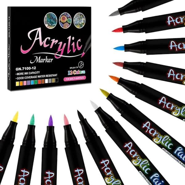 Colored Pens, Acrylic Pens with Brush Tip, 12 Colors Acrylic Pens Compatible with Rock Painting Glass Wood Ceramic Craft Supplies, Paint Markers