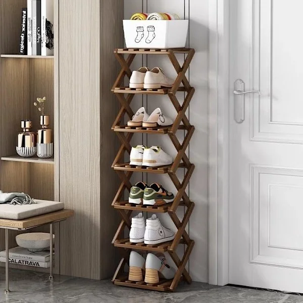 Foldable Bamboo Shoe Rack - Tall and Narrow Vertical Shoe Storage for Small Spaces, Multifunctional for Hallway, Wardrobe, Corner, and Bedroom
