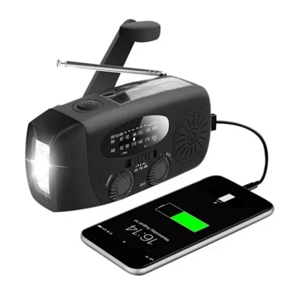 Musta/Punainen Käsikäyttöinen Radio Aurinkokennoilla, Taskulamppu ja 2000mAh Virtapankki Hätäradio, Survival 200