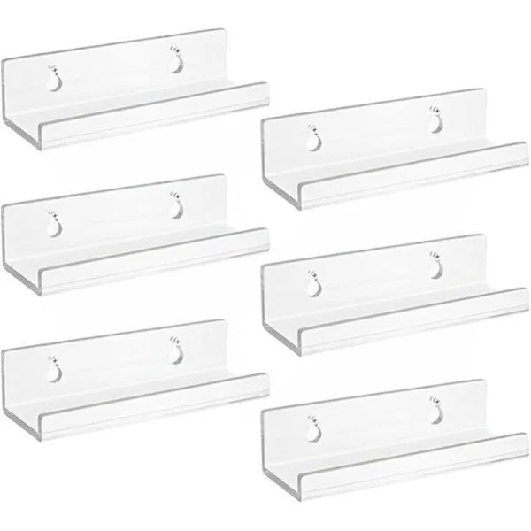 Set med 6 genomskinliga väggmonterade vinylhållare i akryl. Genomskinlig hylla. Liten vägghylla. Flytande vägghylla för vinyl, böcker (10 x 3,5 x 3 