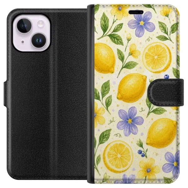 Kompatibel Tegnebogsetui til Apple iPhone 14 Plus Vandfarve mønster med citroner, blomster og grønne blade i lyse sommerfarver.