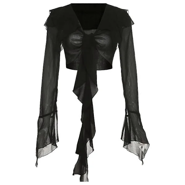Dame Bluse med knyting foran, lange trompetermer, gjennomsiktig netting crop top, ensfarget, svart LGL
