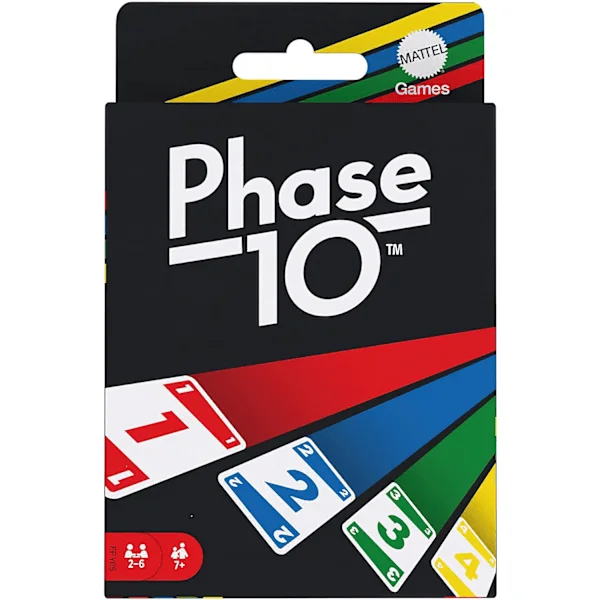 Mattel Games Phase 10 kortspill, sekvenser som ligner på rummy, inneholder 108 kort, for hjemmebruk.