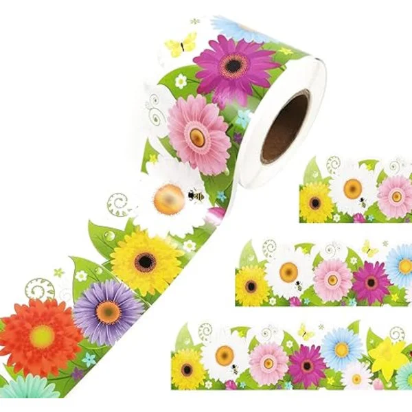 7,5 cm x 18 m Vår Anslagstavla Kanter Färgglada Vårblommor Fjäril Anslagstavla Trim Kant Vår Trim Kant Papper Kanter Kant för Hemfest C