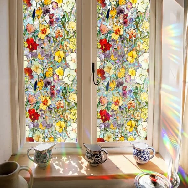 Vindusfilm Retro Blomster Sommerfugl, Statisk Vindusdekor, Personvern Vindusfilm 43x100cm, UV-beskyttelse