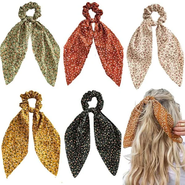 5-pack blommiga hårscarfar med rosett för kvinnor och flickor, rosett-scrunchies för hår, hår-scrunchies med rosett, chiffong blommiga scrunchies