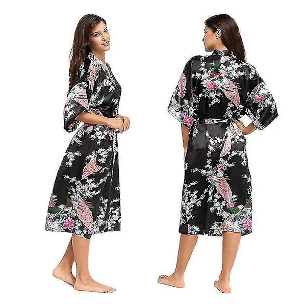 【NX】Dame Blomstertrykt Myk Sateng Kimono Morgenkåpe Bryllup Badekåpe Nattøy Svart