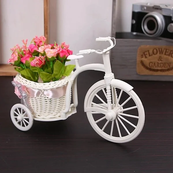 Sykkeldekorasjon Blomsterkurv, Ny Design av Trehjulssykkel, Hvit Plastvase, Blomsteroppbevaring, Hjem, Bryllupsfest, DIY Dekorasjon Blomsterpotte rosa