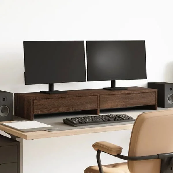 vidaXL Monitorstativ med lådor, ekbrun, träfiber, skärmstativ, monitorhylla, bas av 854676