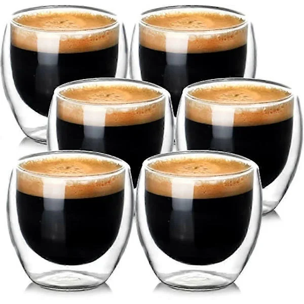 Espressokupit, setti (6 x 80 ml), espresso-lasit, kaksiseinäiset borosilikaattilasit – konepesun kestävät Latte Macchiato -lasit, cappuccino-kupit