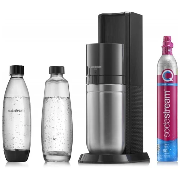SodaStream DUO -hiilihapotuskone / musta hiilihapotuskone lasipullolla / Quick Connect