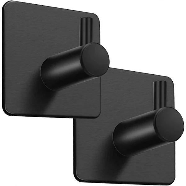 2 Black Towel Holders, Self-Adhesive, Stainless Steel, Mounting Hooks, Hanging, Bathroom Hook, Towels, Tea Towels, Kitchen