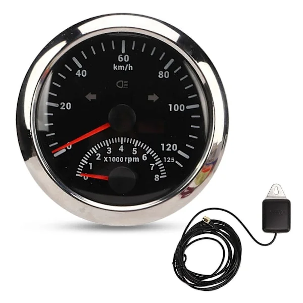 GPS Hastighetsmätare med Varvräknare 8000 RPM 85mm 3 3/8 tum GPS Hastighetsmätare med Indikeringslampa för Marin ATV Fordon Svart Urtavla Silverram