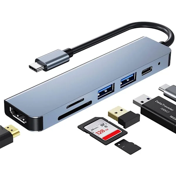 Multiport USB C Adapter for MacBook Pro, 6-in-1 USB C to HDMI Hub. (4K HDMI USB3.0 USB2.0 SD/TF Card Reader 87W PD)-FX-