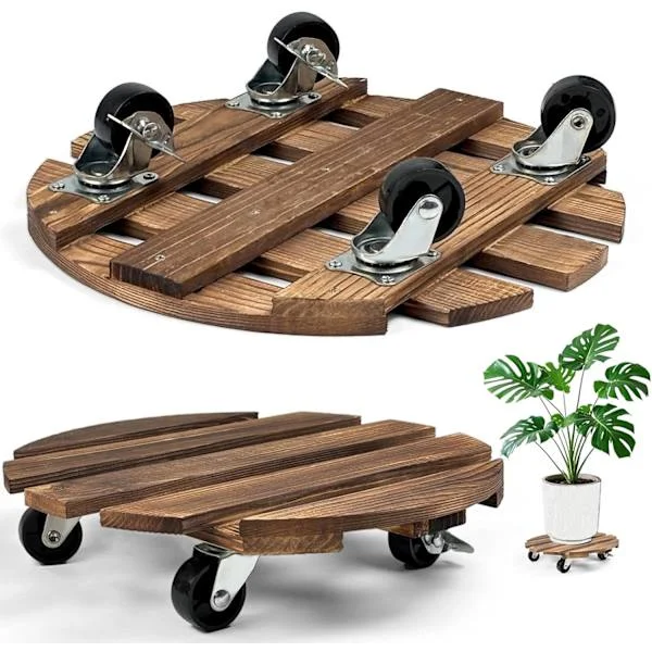 2-pack Wooden Plant Caddy with Wheels, 30 cm Round Rolling Plant Stand, Heavy Duty Mobile Plant Holder Plant Dolly