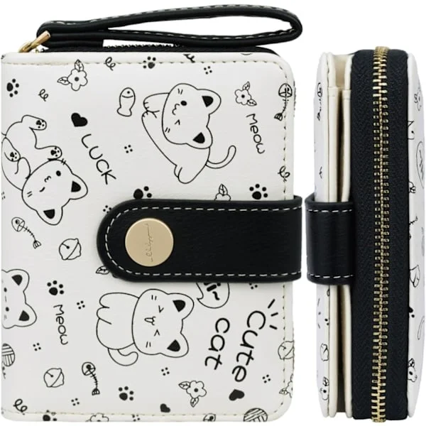 Cat-themed wallet, small and cute wallet, minimalist cat design, travel wallet for women, leather credit card holder with ID window. Black