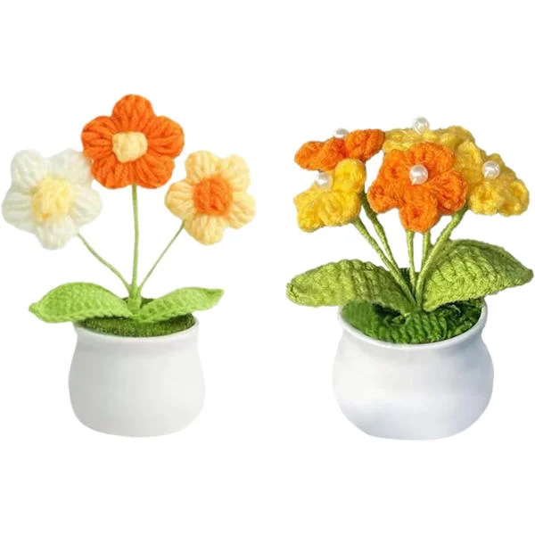 2-pak Strikkede Blomster i Potte, Hæklede Blomster, Små Strikkede Blomster i Potte med Plastikpotte, Hæklet Blomst