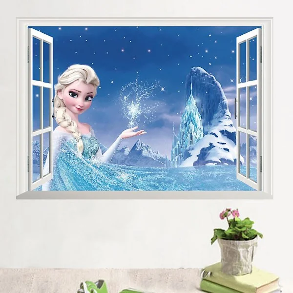 3D Frosset Prinsesse Elsa Falsk Vindu Veggklistremerker Barnerom Dekor Tapet