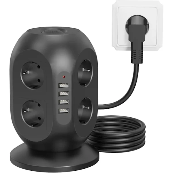 USB-förlängningssladd med 8 uttag, 8 USB-portar och överspänningsskydd, 2-meters grenuttag med dubbla strömbrytare för hem/kontor (Svart)