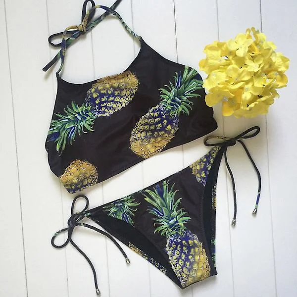 [LCS] Sexede kvinder ananasprint Halter Bandange Polstret Bikinisæt Svømmebadedragt Strandtøj