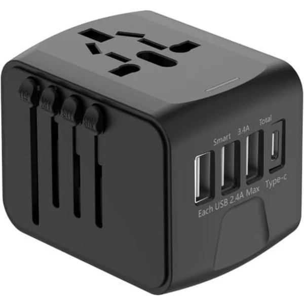 TS-Universal Internasjonal Reiseadapter med 3 USB og 1 Type C, 1500W, Støpsel Frankrike til USA Canada UK EU Australia Kina Japan