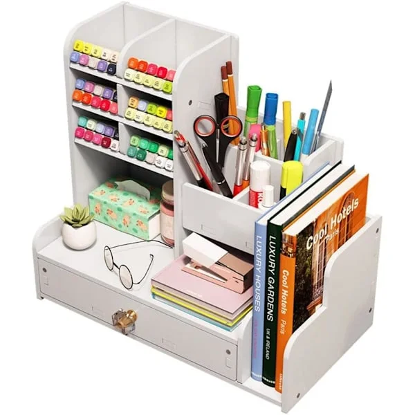 (SC) Organizer with Drawers, Pen Holder, and Accessories for Home, Office, and School, White