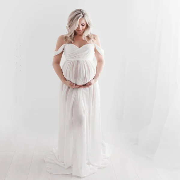 Off-shoulder langærmet graviditetskjole til kvinder til fotografering Graviditetskjole til fotoshoot(M)