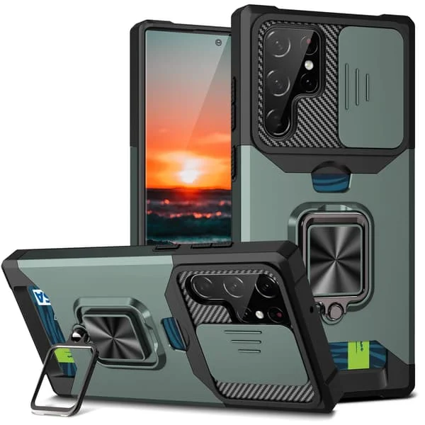 Armerat Ringfäste Kortficka Linsskydd Skjutbart Fönster Skydd Mobiltelefonfodral för Samsung S24 23 22 21ULTRA NOTE20 Militär Kvalitet