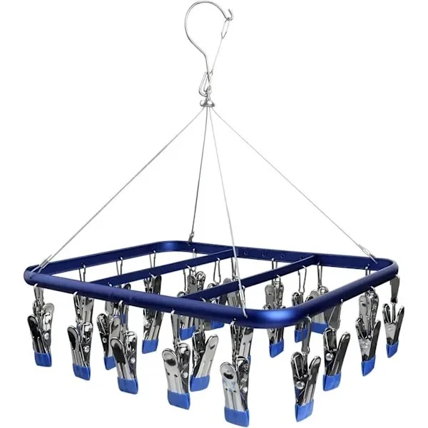 【YD】Sock Dryer with 26 Pegs, Aluminum Hooks, Socks and Underwear Hangers with Weatherproof Hooks, Baby Clothes, Gloves (Blue)