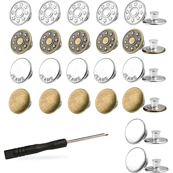 Jeansknapper, 28 Stykker, 17mm, Bronze & Sølv, Aftagelige Skruegevindnitter til Denimjakker
