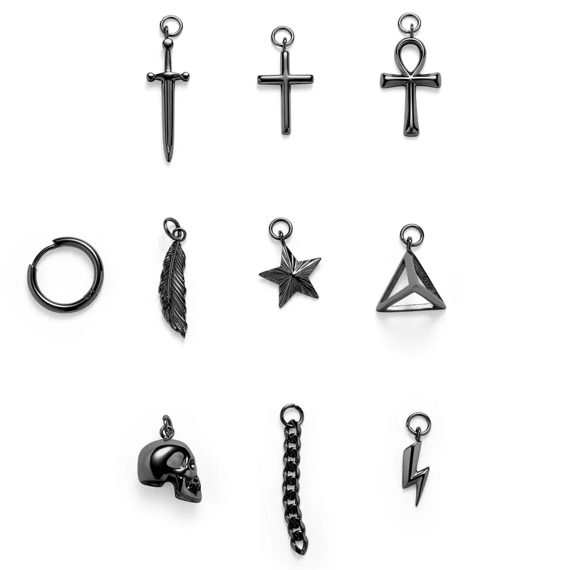 Black Hoop Earring with 9 Charms for Men - Charm Hoop Earrings