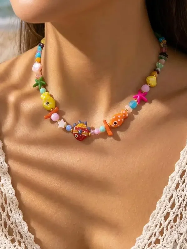 AliExpress - Bunte Keramik-Fisch-Seestern-Choker-Halskette im Strandstil für Damen, Ozean-Serie, Jakobsmuschel-Perlenkette, Urlaubsschmuck